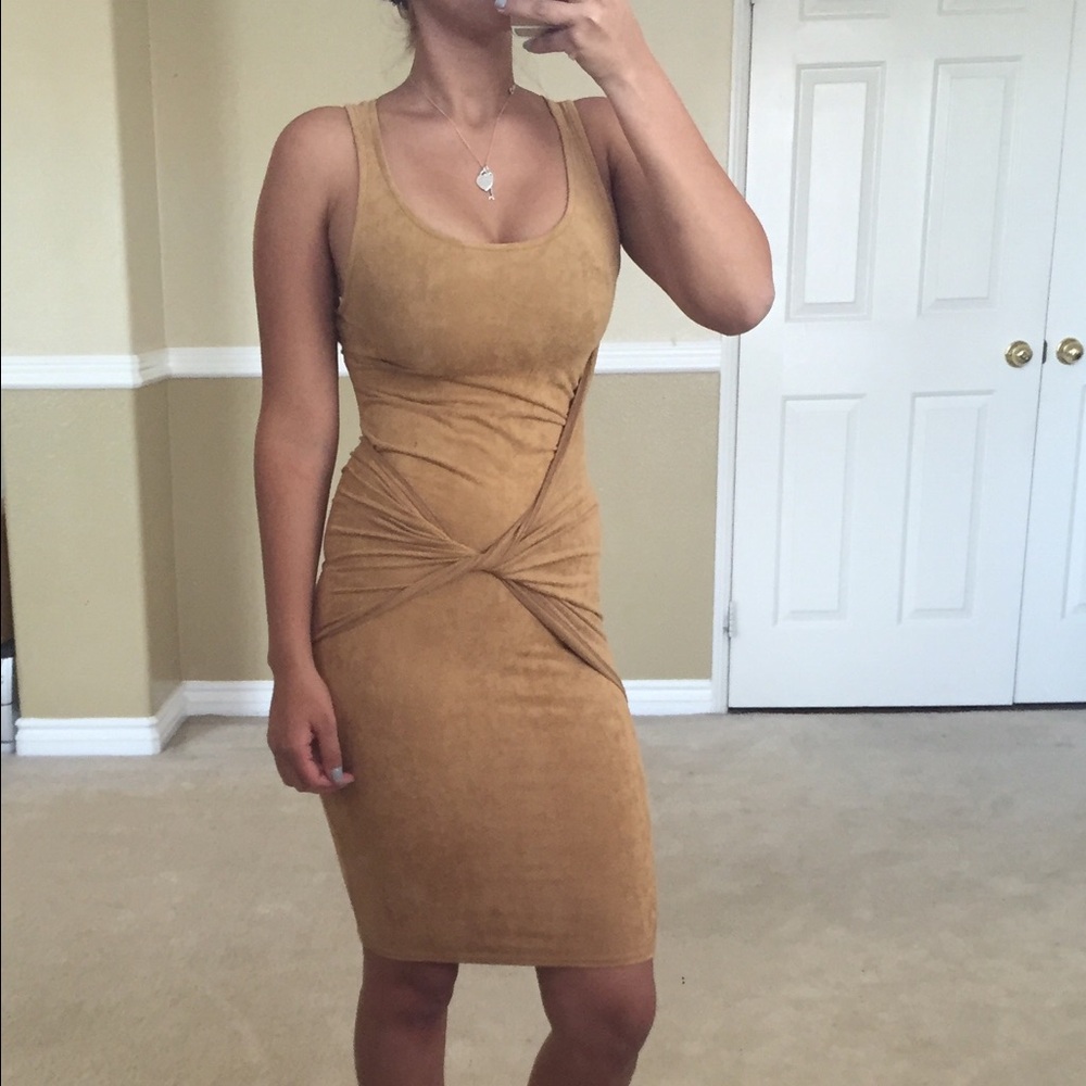 Tan Suede Scoop Neck Bodycon Midi Dress